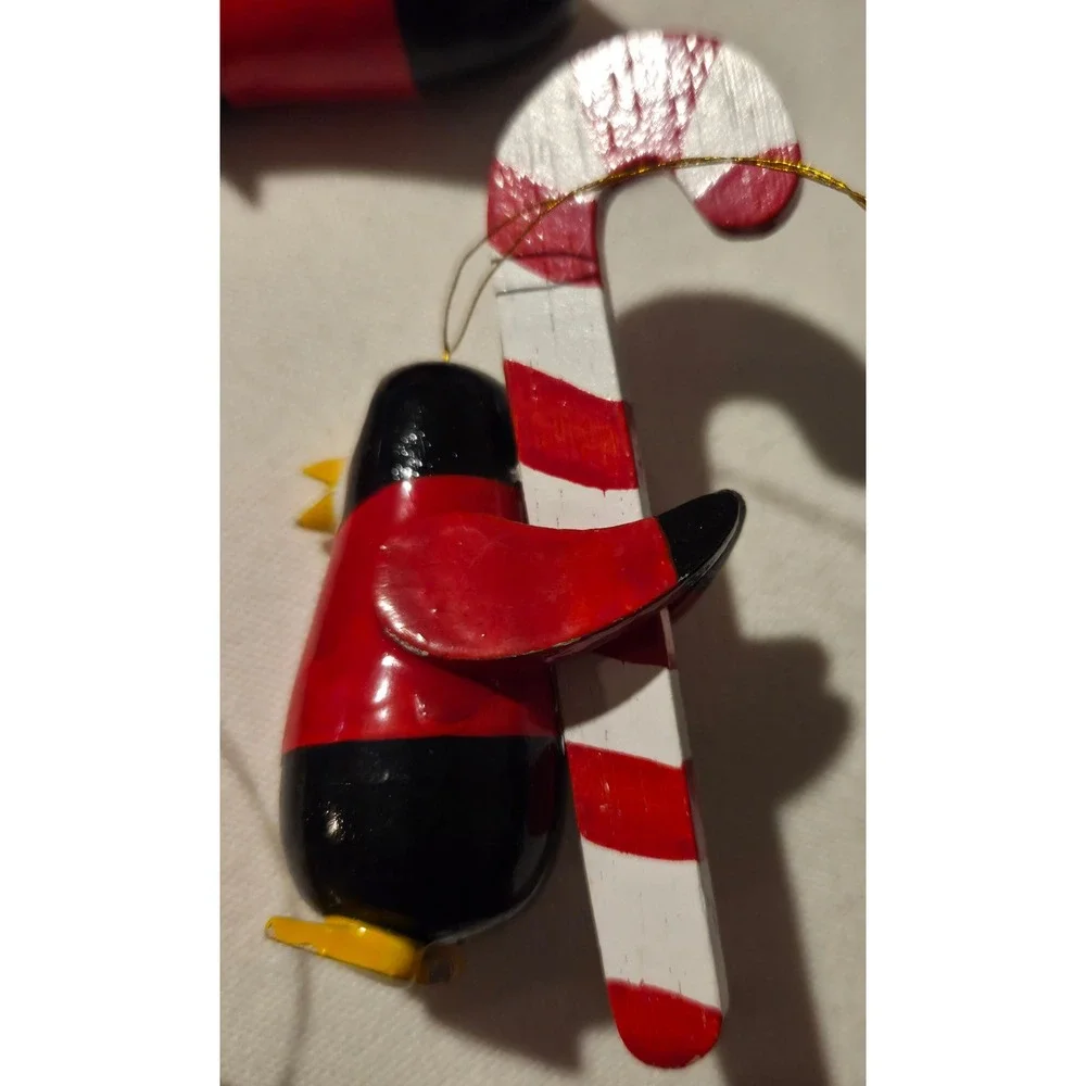 Vintage Wooden Penguin Christmas Ornaments Set of‎ 4 Sleigh Candy Cane Tree Hat